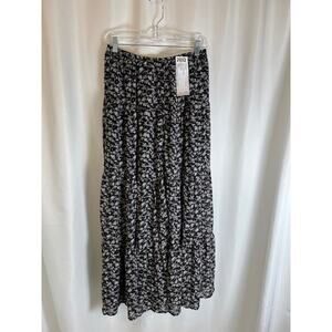 Lulus Black Violet Floral Midi Skirt Front Button Slit Boho Cottagecore M